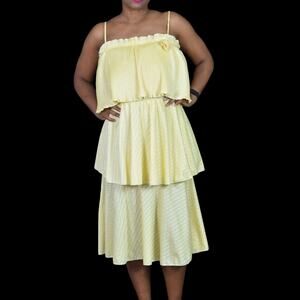 Vintage Tiered Midi Dress Yellow Ruffle Plisse Lemon 70s Pastel Homemade Large